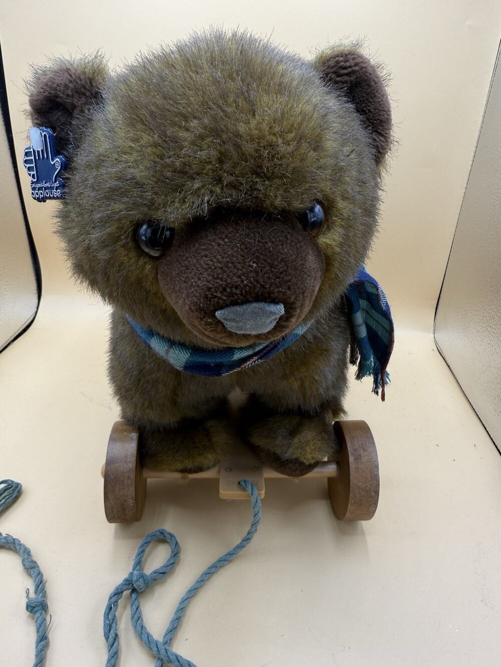 Vintage Applause Pull Along Bear Plush Wooden Wheels Blue Plaid Scarf Toy 11”